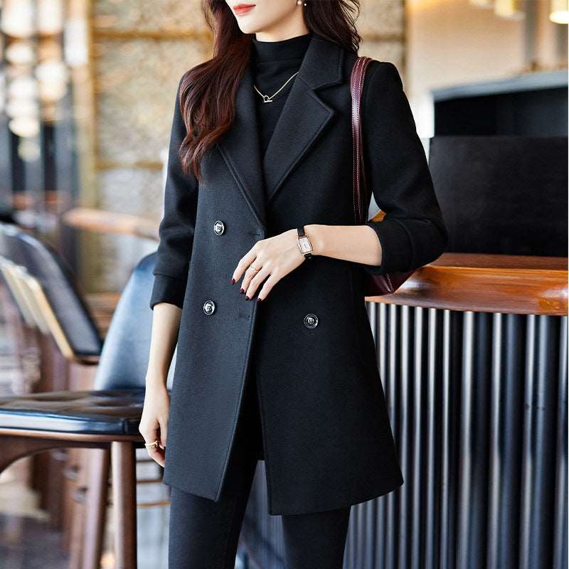 Women's Elegant Suit Jacket Black Double Breasted Coat - ChoreGirl