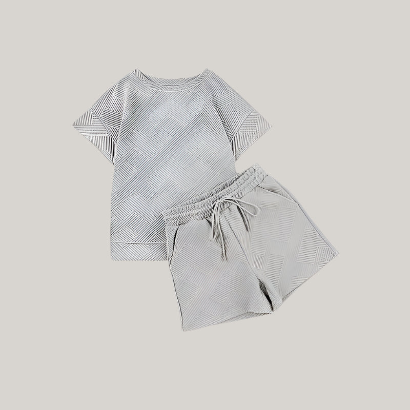 Women's Casual Grey Plaid Short Sleeved T-shirt and Shorts Two-piece Outfit Set - ChoreGirl