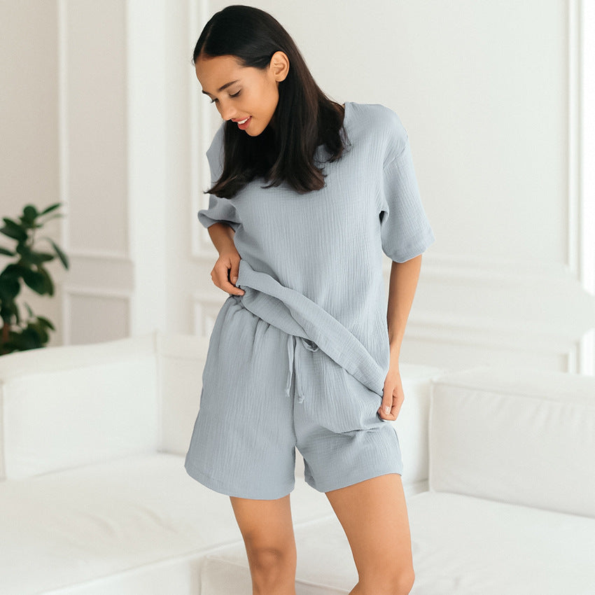 Women's Loose Double-layer Gauze Short-sleeved Shirt and Shorts Two-piece Pajamas Set - ChoreGirl