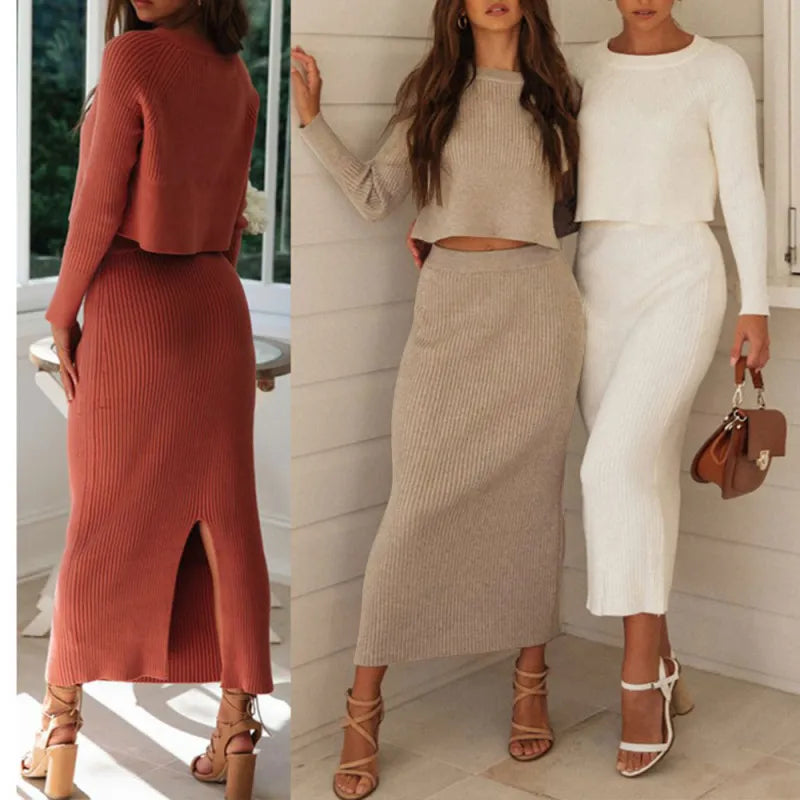 Women's Knitted Long Sleeved Jumper and Long Slit Skirt Outfit Set - ChoreGirl