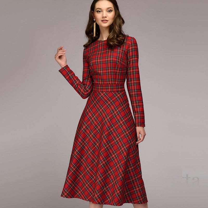 Women's Elegant Plaid Checkered Midi Dress - ChoreGirl