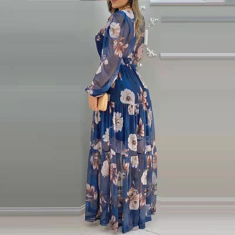 Women's Long Printed V-neck Chiffon Dress - ChoreGirl