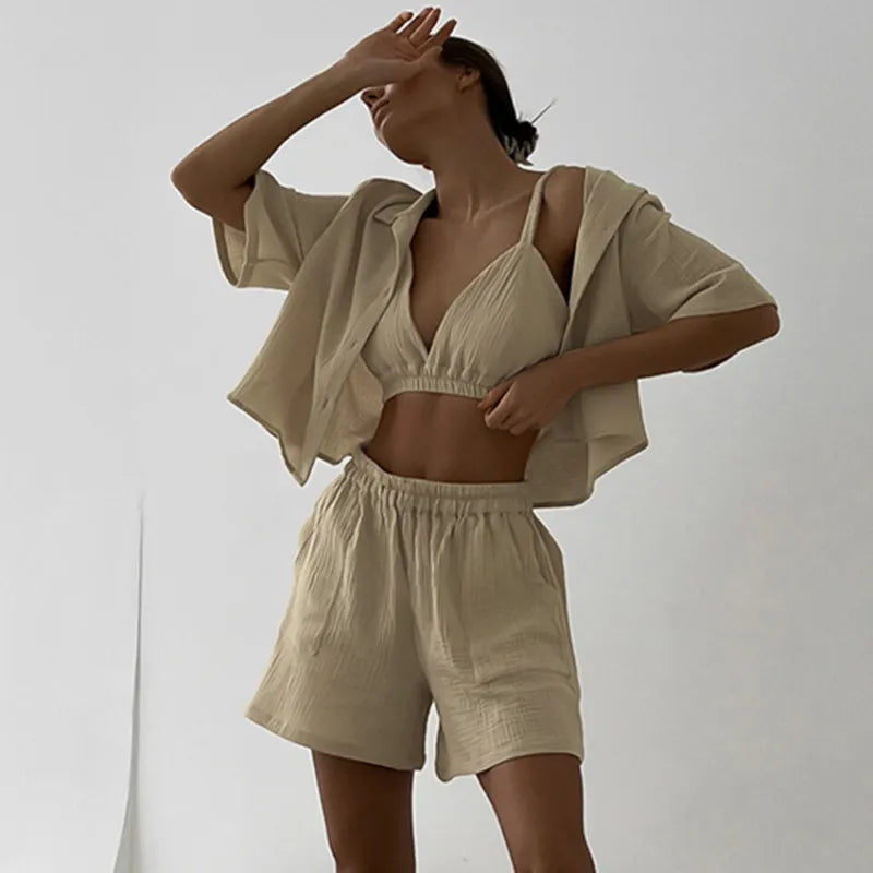 Women's Double-layer Gauze Short Sleeved Shirt, Bra Top and Shorts Loungewear Set - ChoreGirl