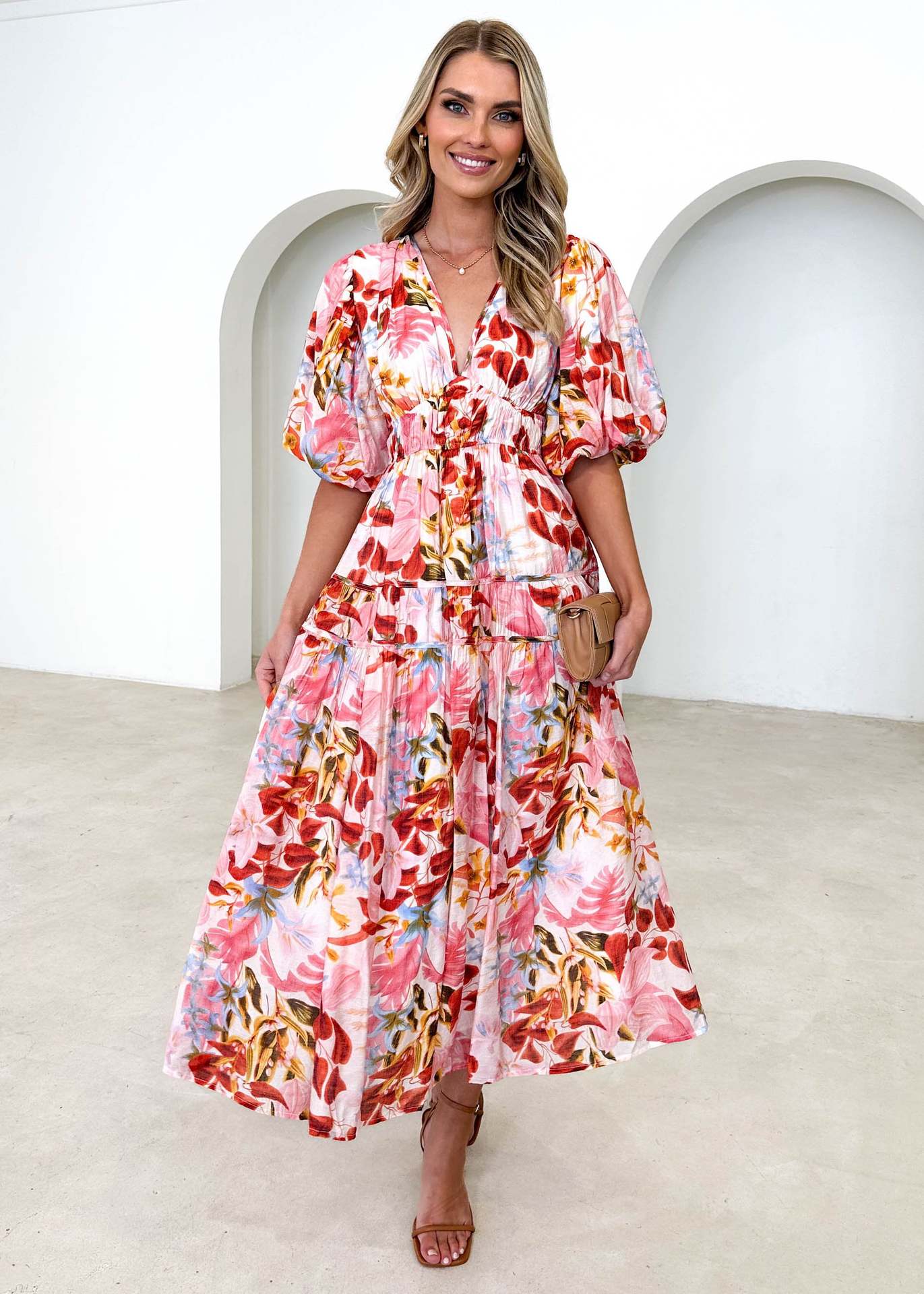 Women's Colorful Printed V-neck Puff Sleeve Dress - ChoreGirl