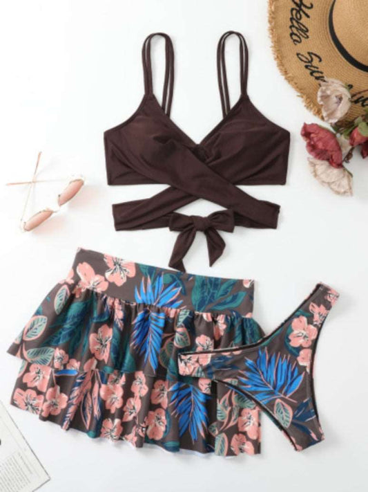 Women's Floral Print High Waist Swimming Pants, Swimming Skirt and Backless Top Three-piece Set - ChoreGirl
