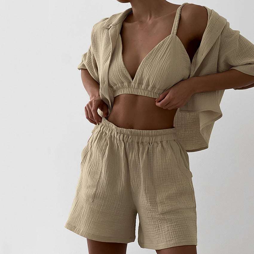 Women's Double-layer Gauze Short Sleeved Shirt, Bra Top and Shorts Loungewear Set - ChoreGirl