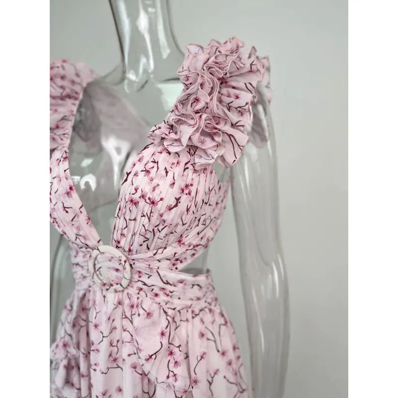 Women's Floral Pattern Ruffled Deep V-Neck Backless Dress - ChoreGirl