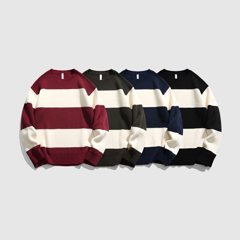 Couples Matching Loose Round Neck Striped Knitted Sweater - ChoreGirl