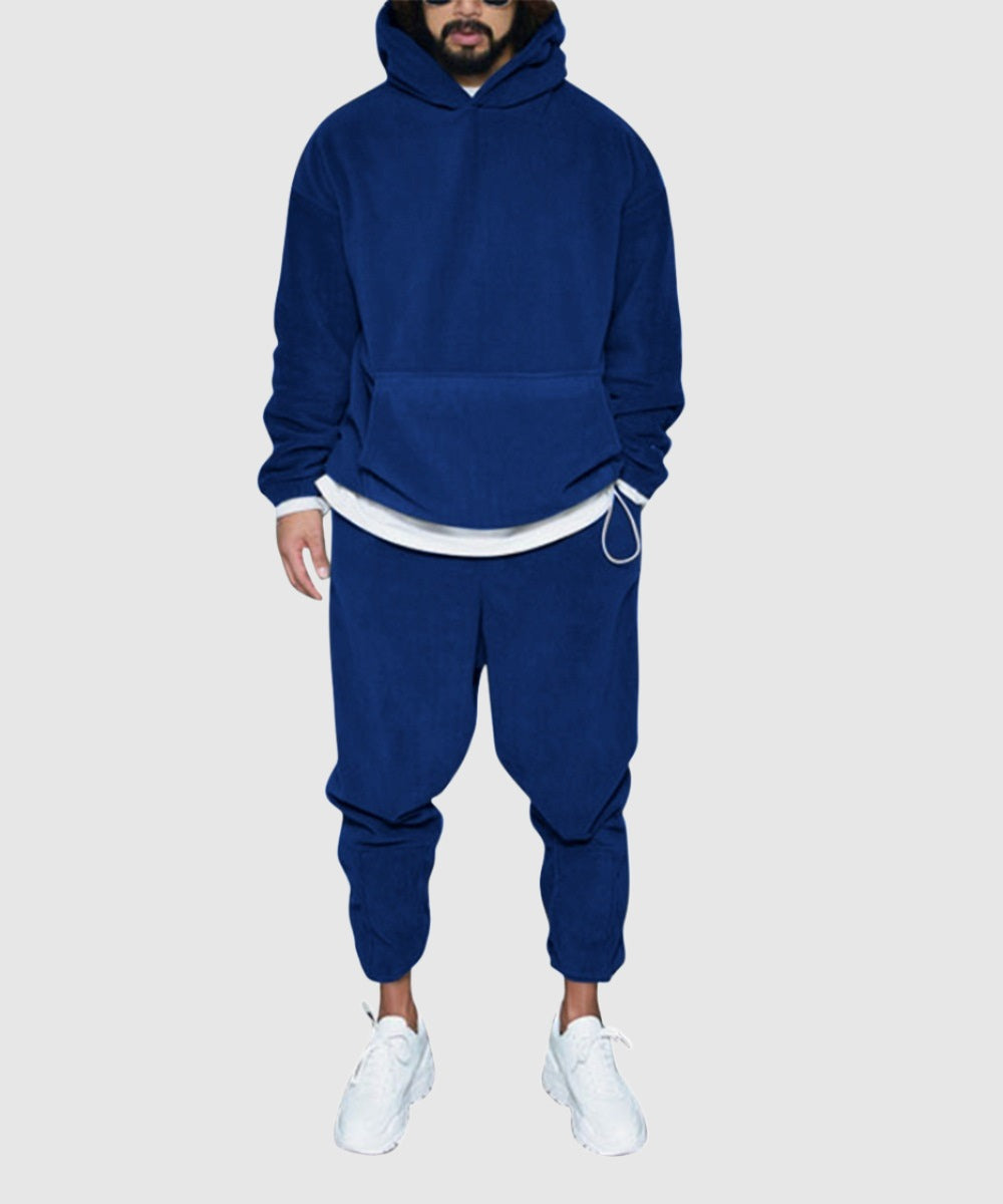 Men's Casual Solid Color Thermal Polar Fleece Hooded Drawstring Sweatshirt Outfit Set - ChoreGirl