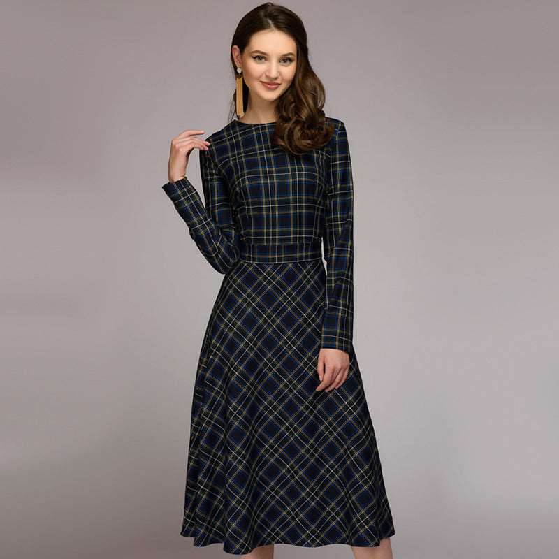 Women's Elegant Plaid Checkered Midi Dress - ChoreGirl