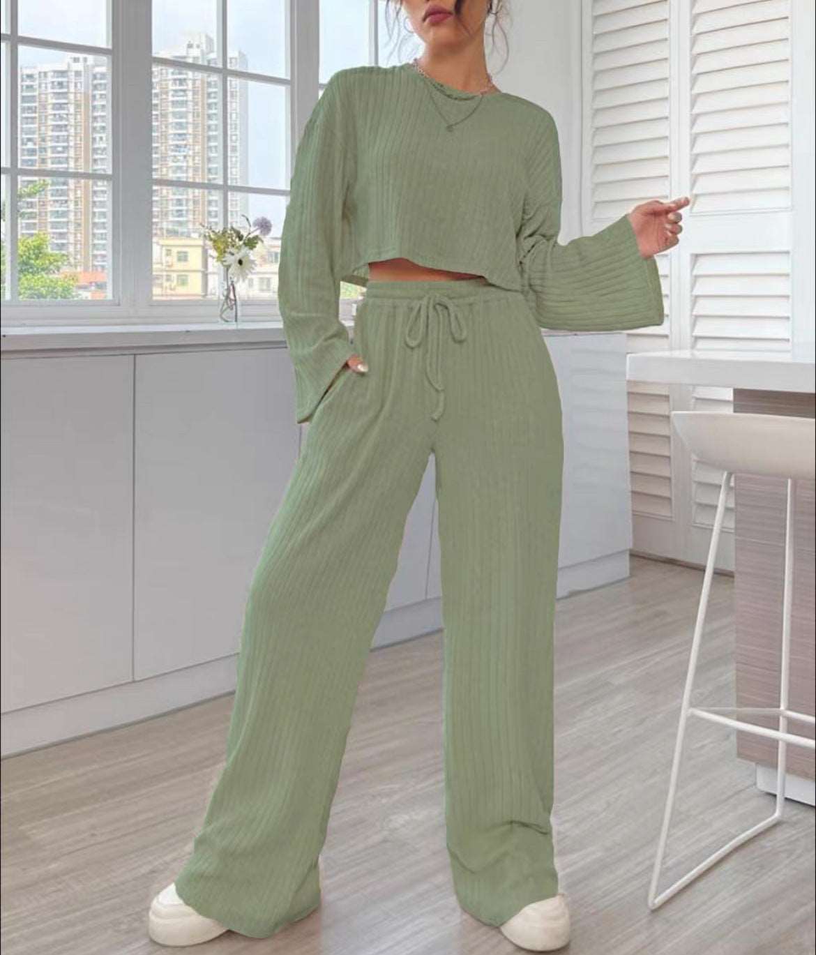 Women's Casual Loungewear Knitted Long Sleeve Top and Pants Outfit Set - ChoreGirl