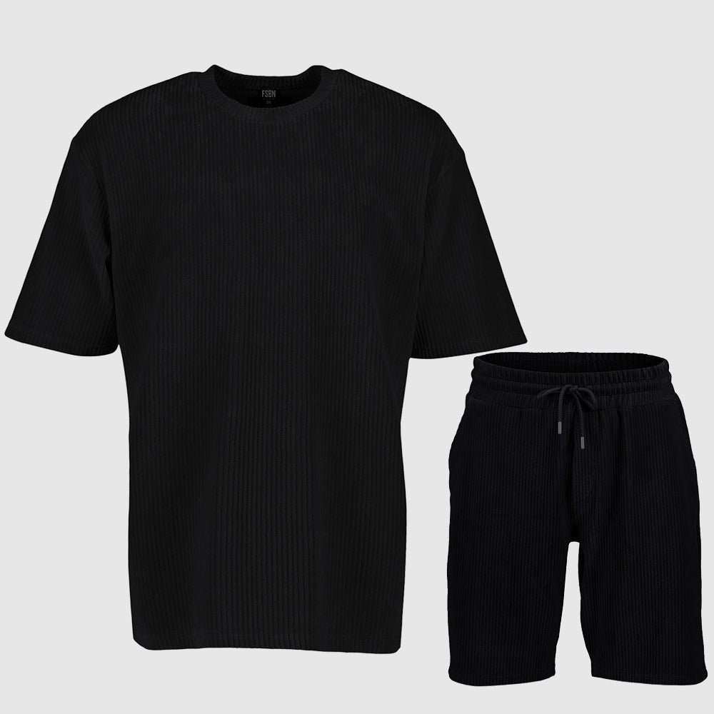 Men's Loose Solid Color Sports and Leisure Striped Short Sleeved T-Shirt and Shorts Outfit Set - ChoreGirl
