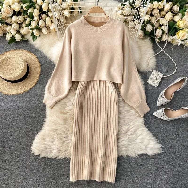 Women's Long Sleeved Jumper and Sleeveless V-neck Dress Two-piece Outfit Set - ChoreGirl