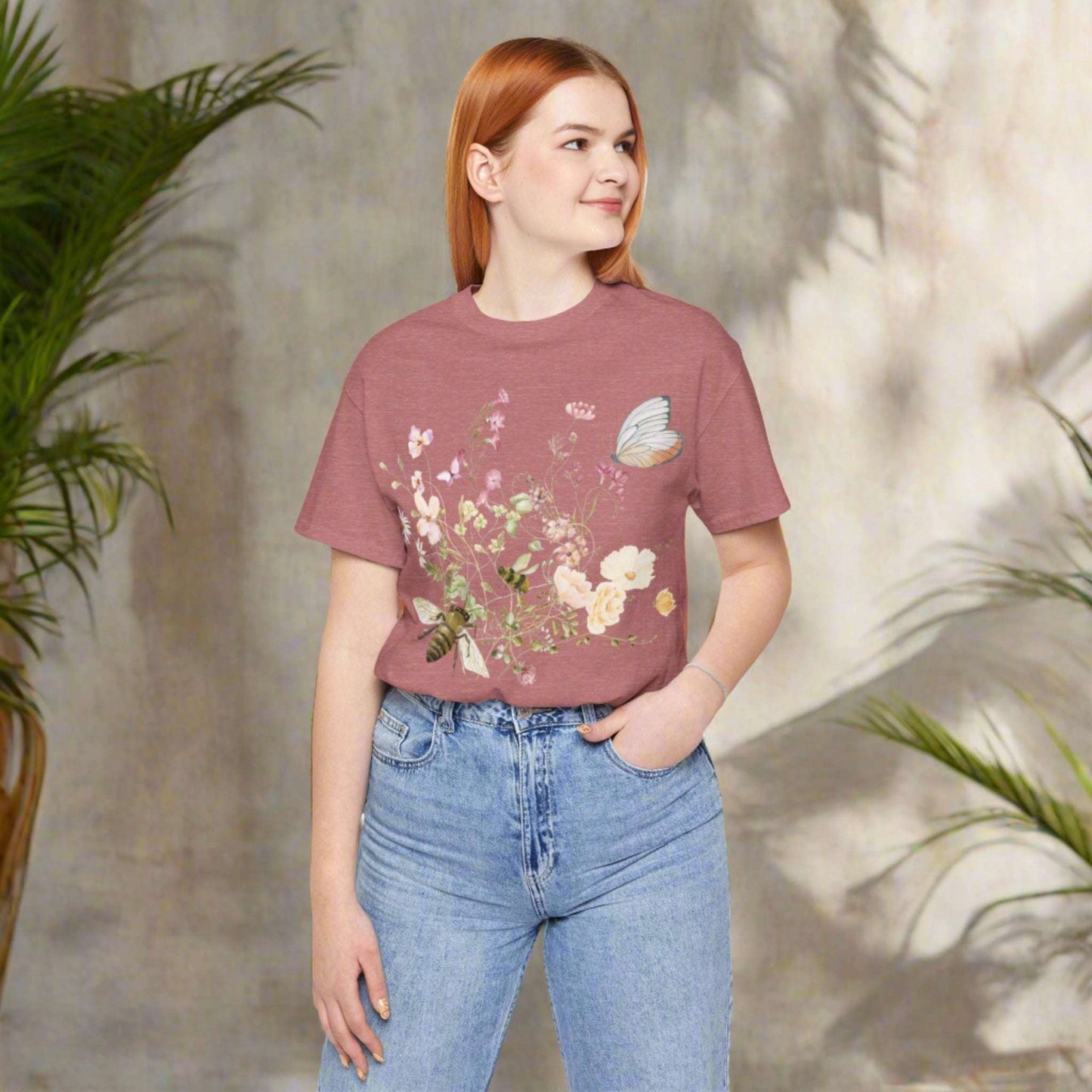 Unisex Vintage Wild Flower and Bee Jersey Short Sleeve Tee - ChoreGirl