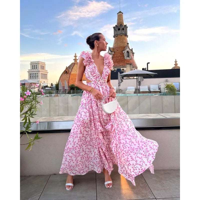 Women's Floral Pattern Ruffled Deep V-Neck Backless Dress - ChoreGirl