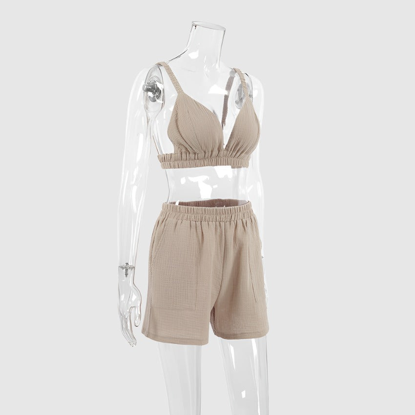 Women's Double-layer Gauze Short Sleeved Shirt, Bra Top and Shorts Loungewear Set - ChoreGirl