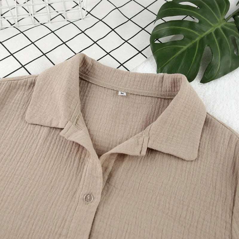 Women's Double-layer Gauze Short Sleeved Shirt, Bra Top and Shorts Loungewear Set - ChoreGirl