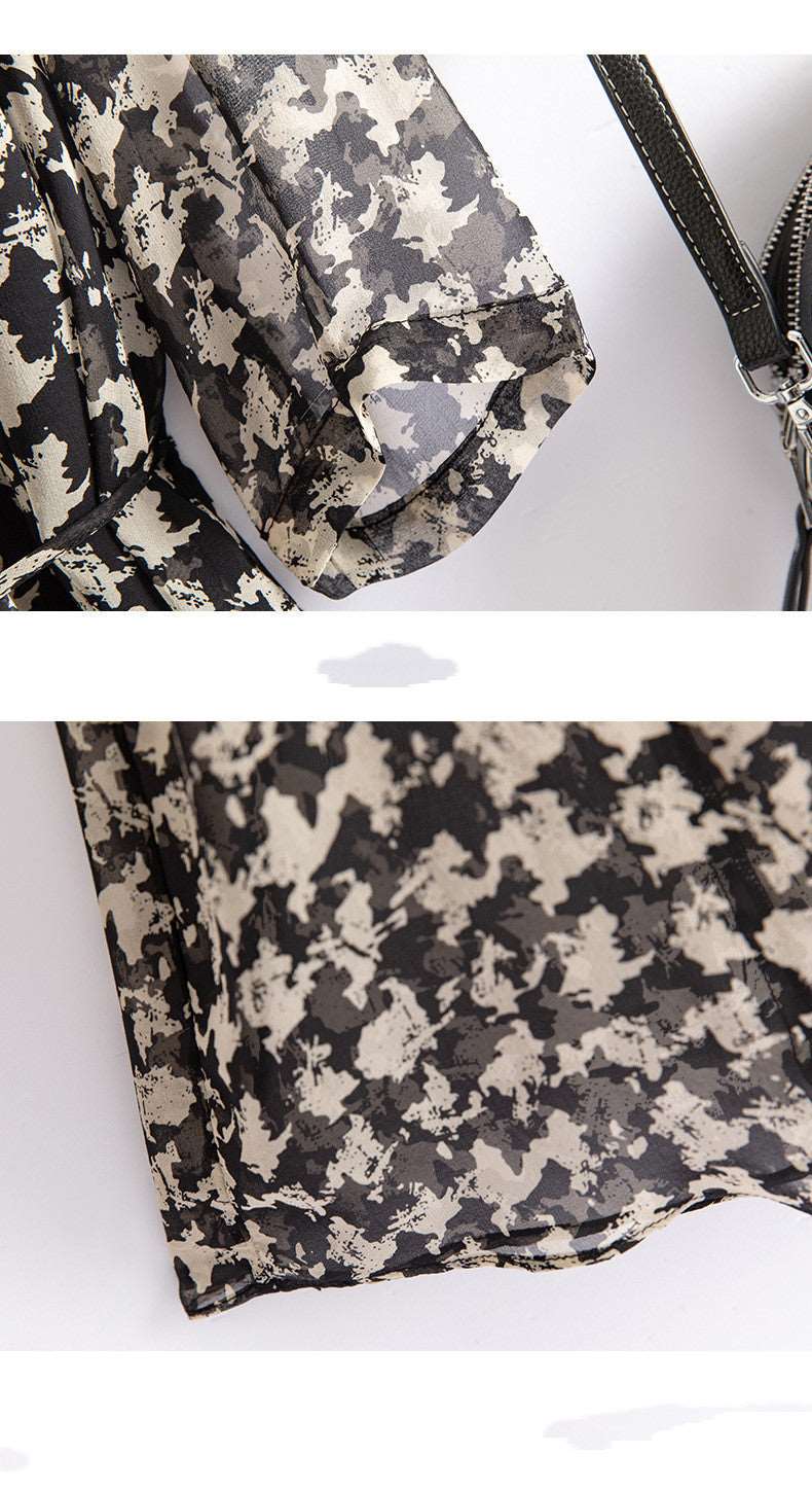 Women's Checkered Chiffon Mid-length Dress with Belt - ChoreGirl