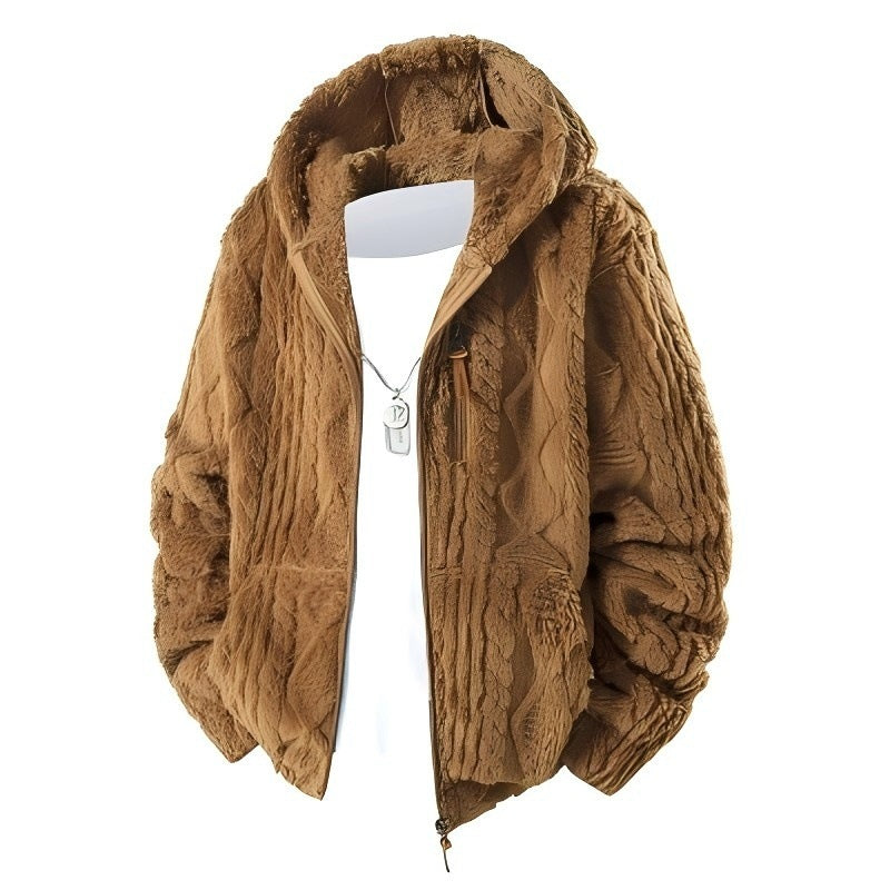 Men's Warm Fleece Padded Zip-up Jacket Hooded or Hoodless, Knit-like Pattern