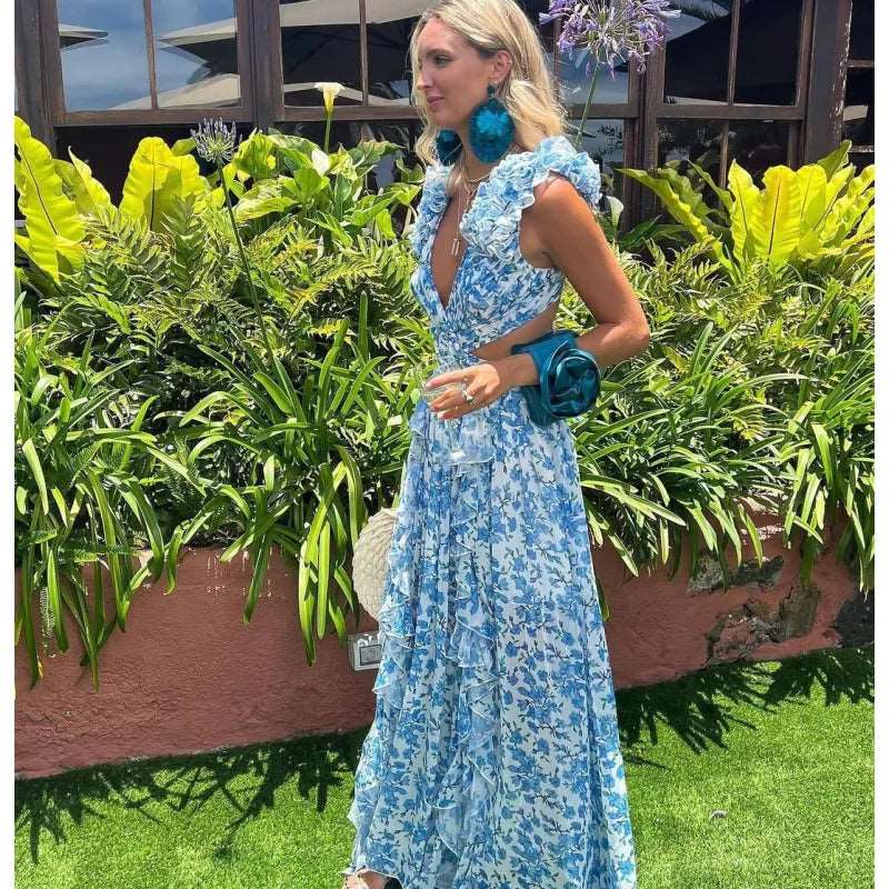 Women's Floral Pattern Ruffled Deep V-Neck Backless Dress - ChoreGirl
