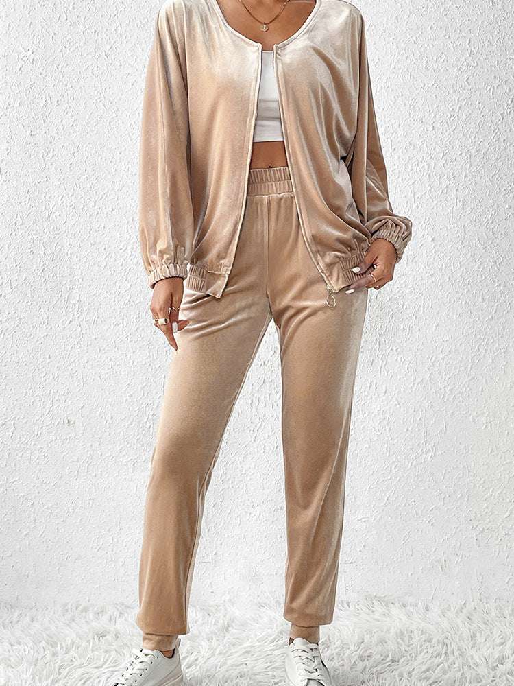 Women's Casual Solid Color Velvet Two-piece Outfit Set - ChoreGirl