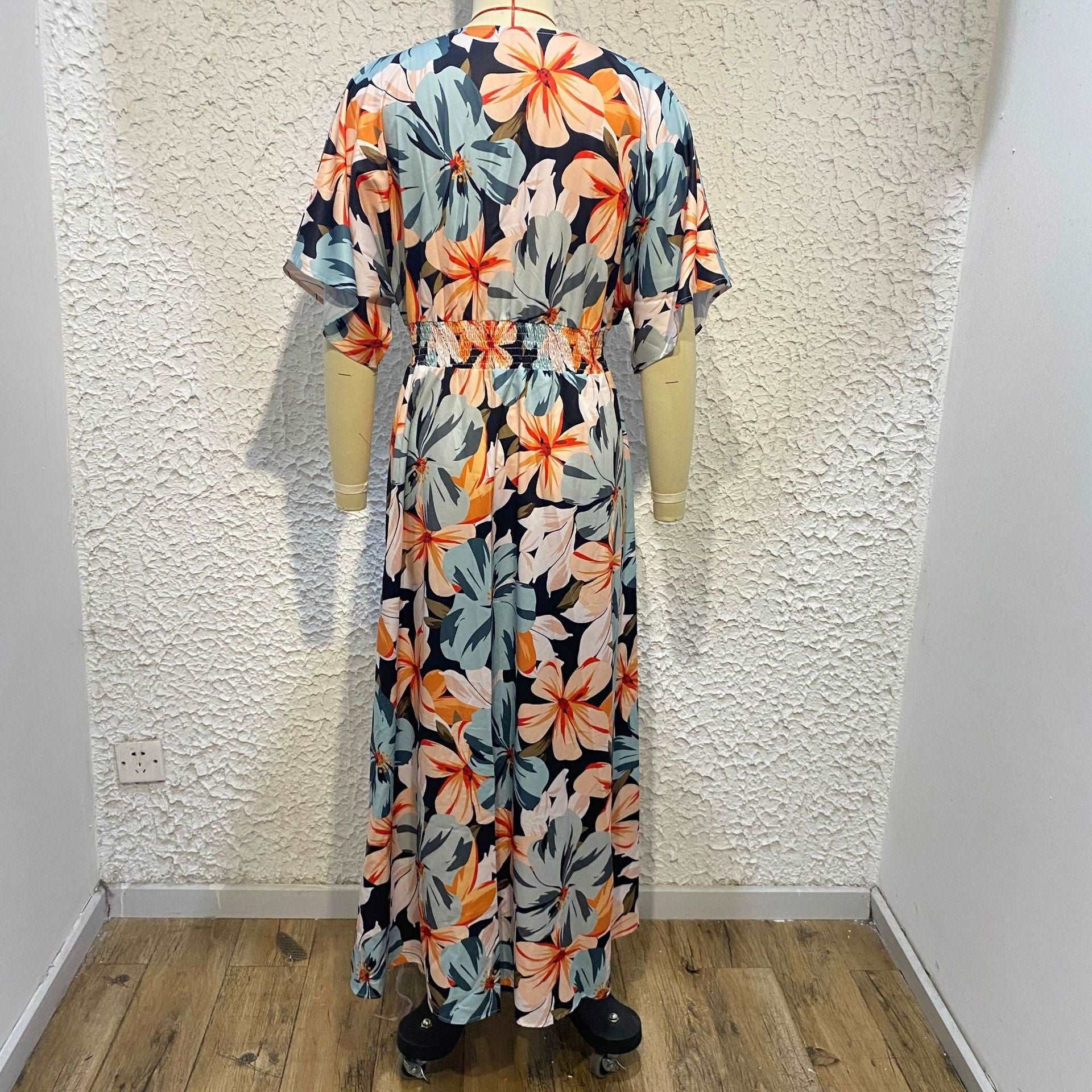 Women's Colorful Print Deep V-neck Split Dress - ChoreGirl