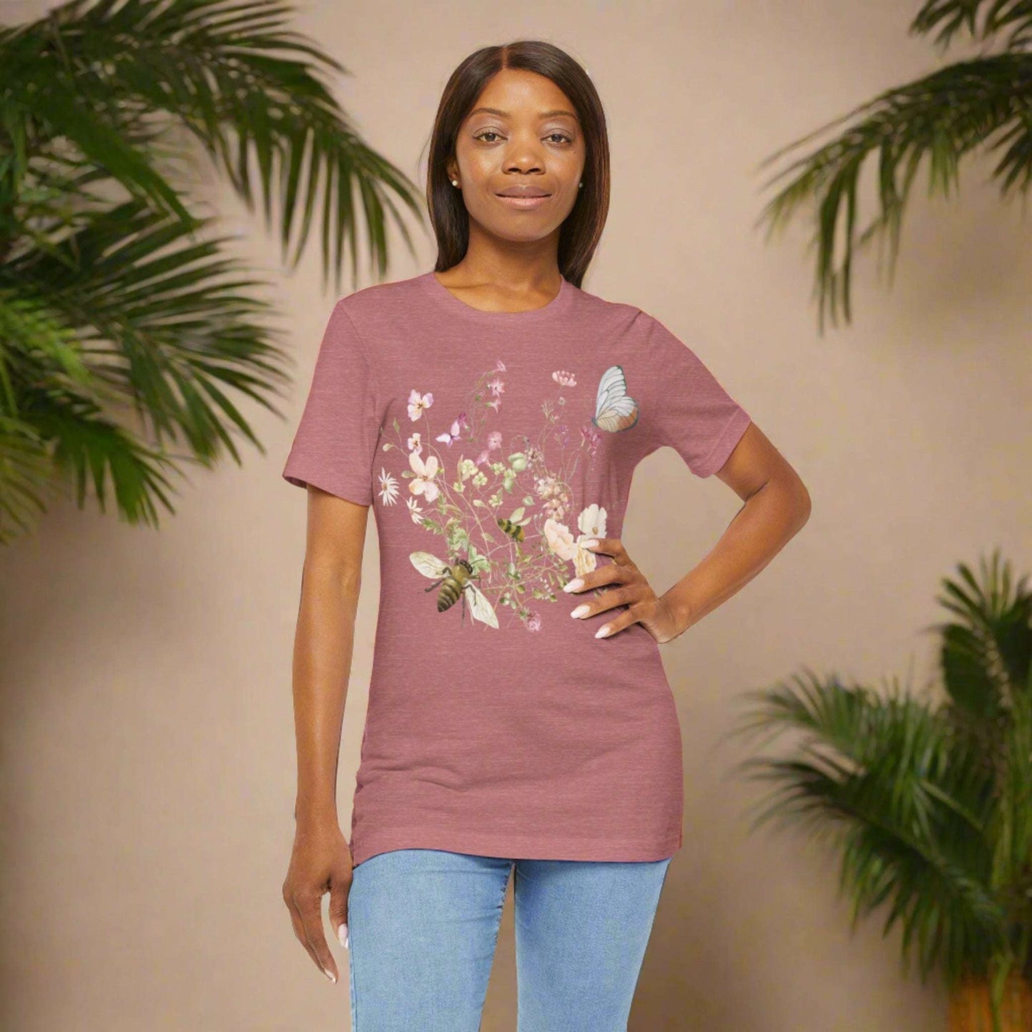 Unisex Vintage Wild Flower and Bee Jersey Short Sleeve Tee - ChoreGirl