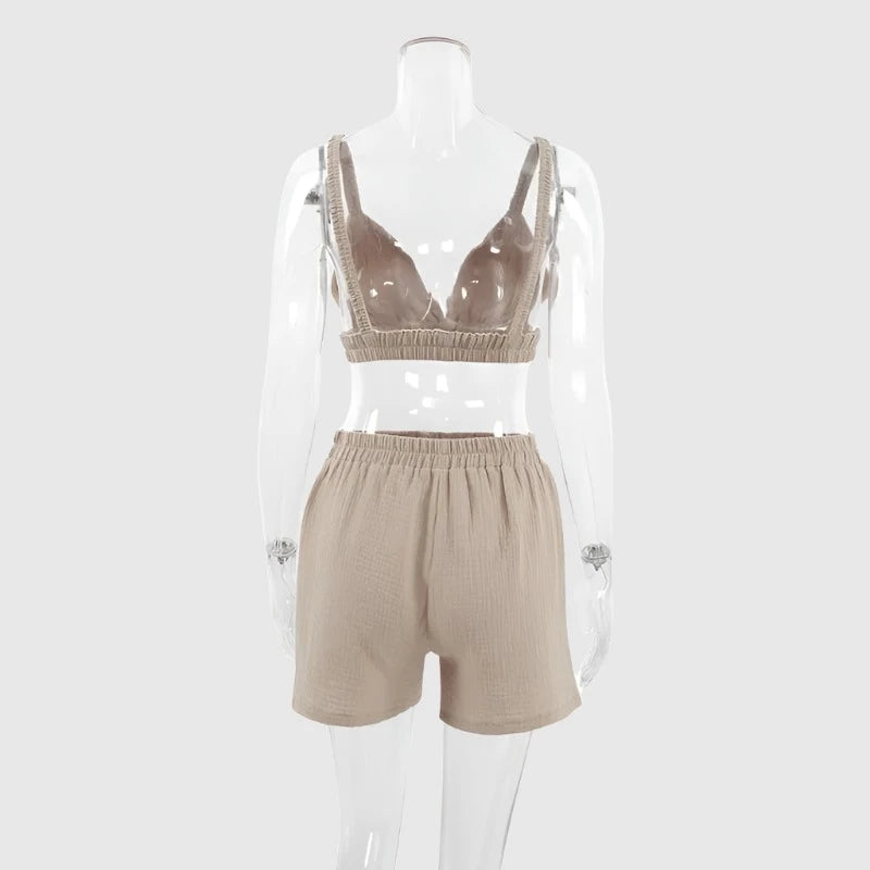 Women's Double-layer Gauze Short Sleeved Shirt, Bra Top and Shorts Loungewear Set - ChoreGirl