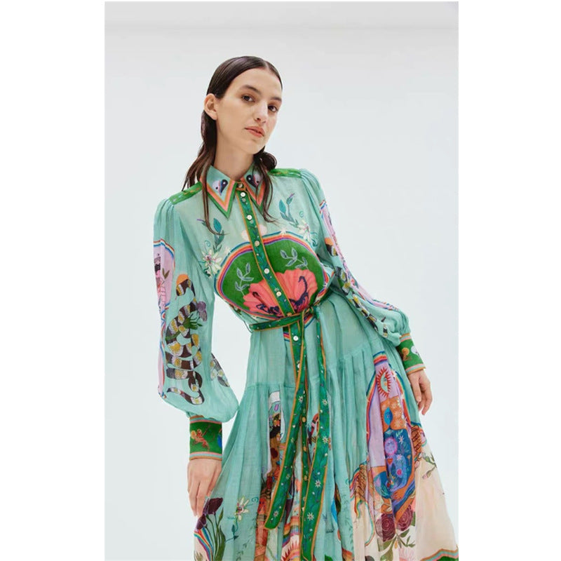 Women's Elegant Shirt Collar Single-breasted Long Dress - ChoreGirl