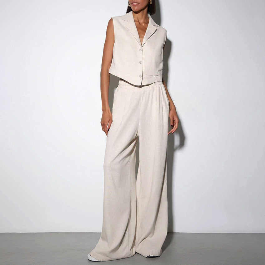 Women's High Waist Wide Leg Pants and Sleeveless Button-Up Vest Outfit Set - ChoreGirl