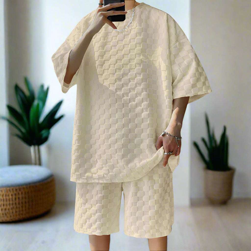 Men's Casual Loose Jacquard Plaid Short Sleeved T-Shirt and Shorts Outfit Set - ChoreGirl