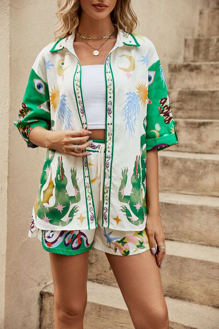 Women's Elegant Printed Short Sleeved Shirt and Shorts Loungewear Outfit Set - ChoreGirl