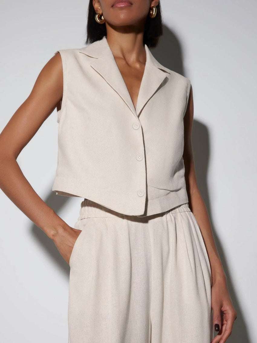 Women's High Waist Wide Leg Pants and Sleeveless Button-Up Vest Outfit Set - ChoreGirl