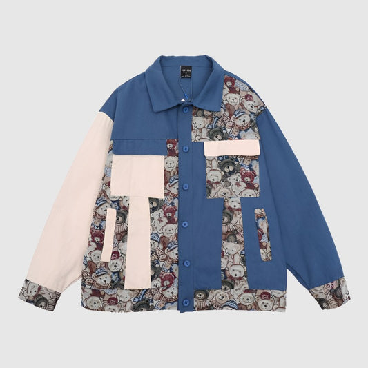 Men's Blue Stitching Patch Pattern Thin Button Up Shirt - ChoreGirl