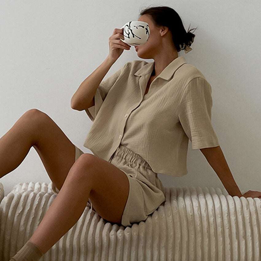 Women's Double-layer Gauze Short Sleeved Shirt, Bra Top and Shorts Loungewear Set - ChoreGirl