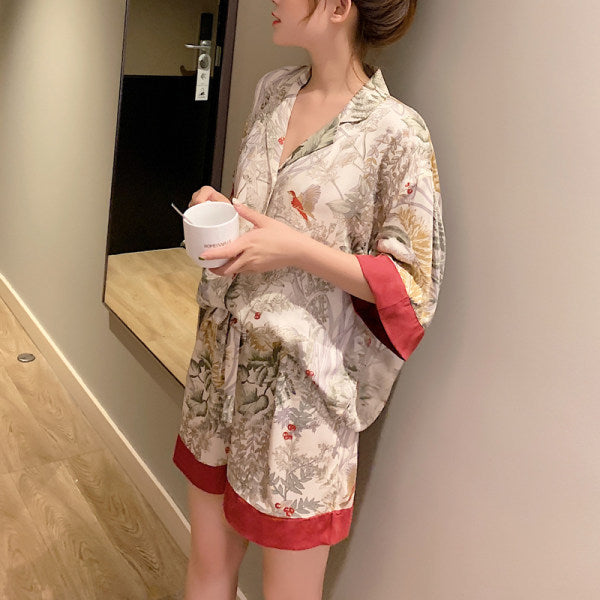 Women's Ice Silk Short Sleeved Shirt and Shorts Lapel Bird Pajamas Set - ChoreGirl