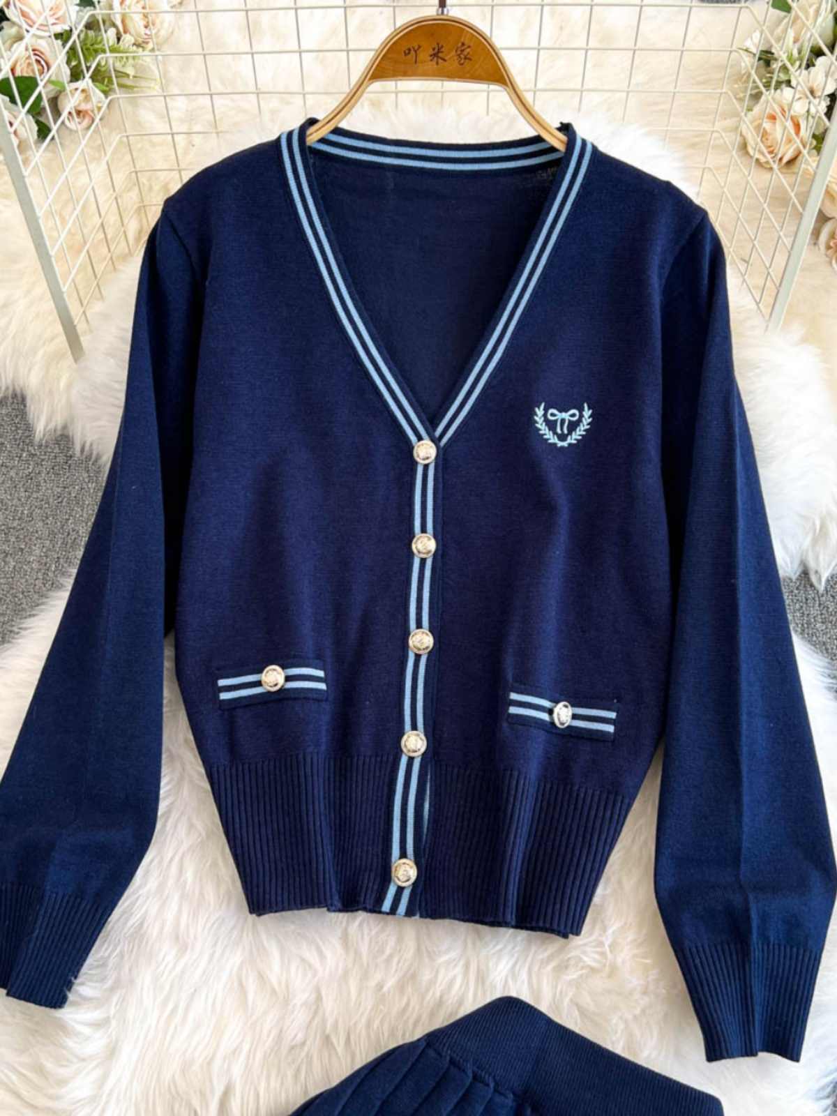 Women's Back to School Contrast Color V-neck Knitted Cardigan and Pleated Skirt Outfit Set - ChoreGirl