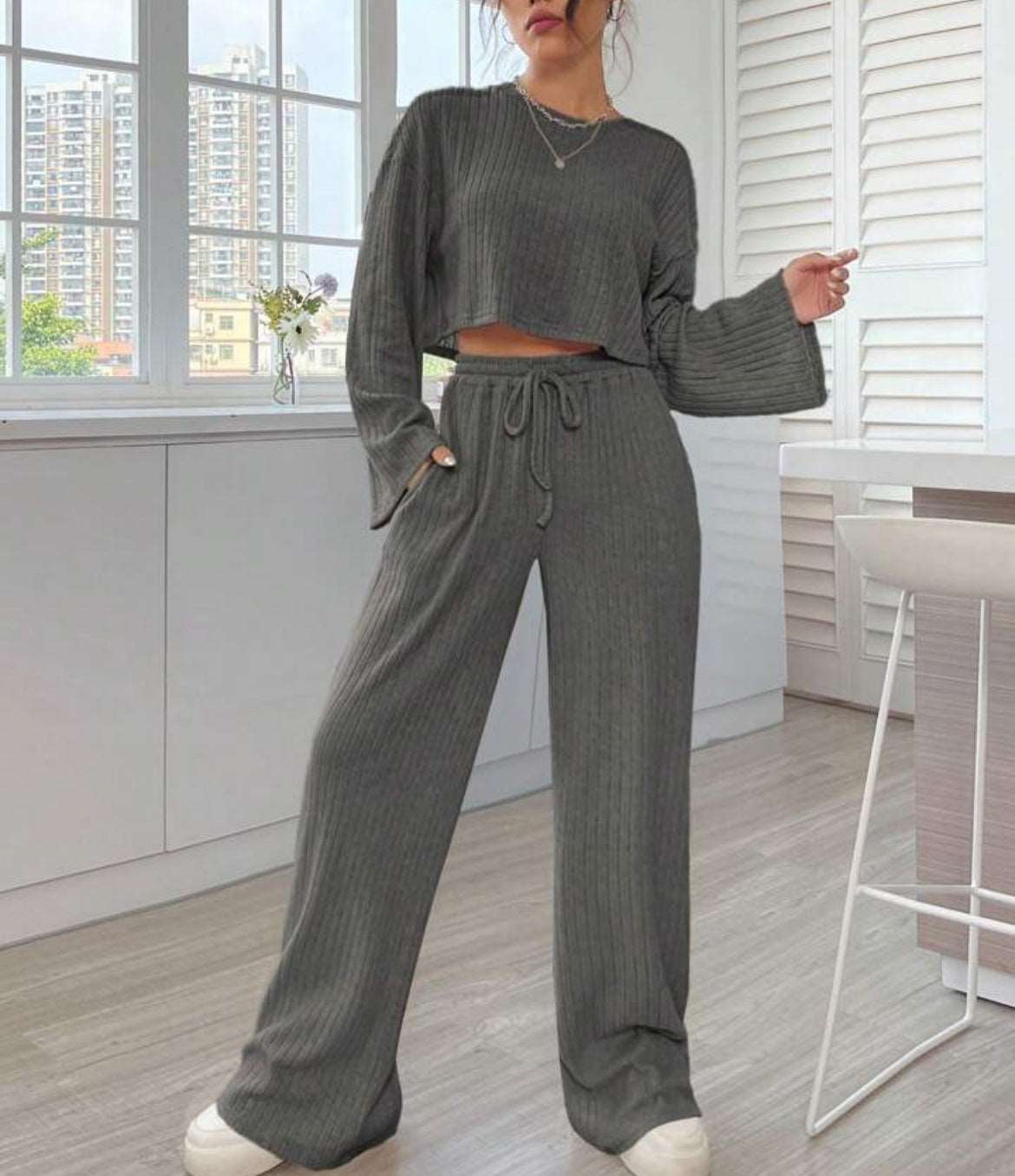Women's Casual Loungewear Knitted Long Sleeve Top and Pants Outfit Set - ChoreGirl
