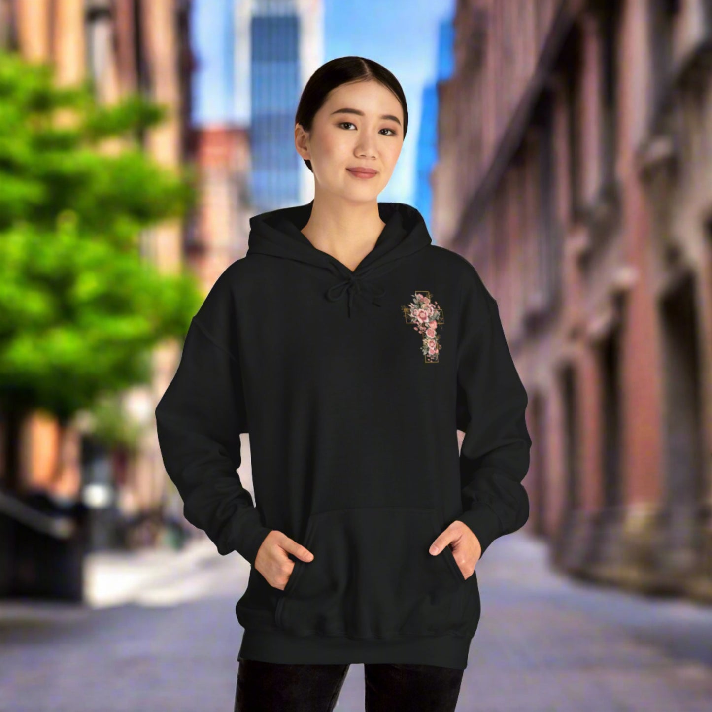 Custom Unisex Blooming Flower Cross Heavy Blend Hoodie | PERSONALIZED - ChoreGirl