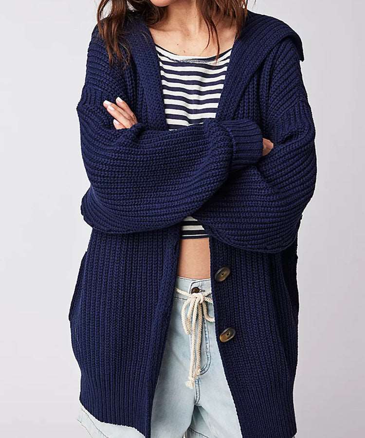 Women's Mid-length Lapel Collar Knitted Button-up Cardigan Jacket - ChoreGirl