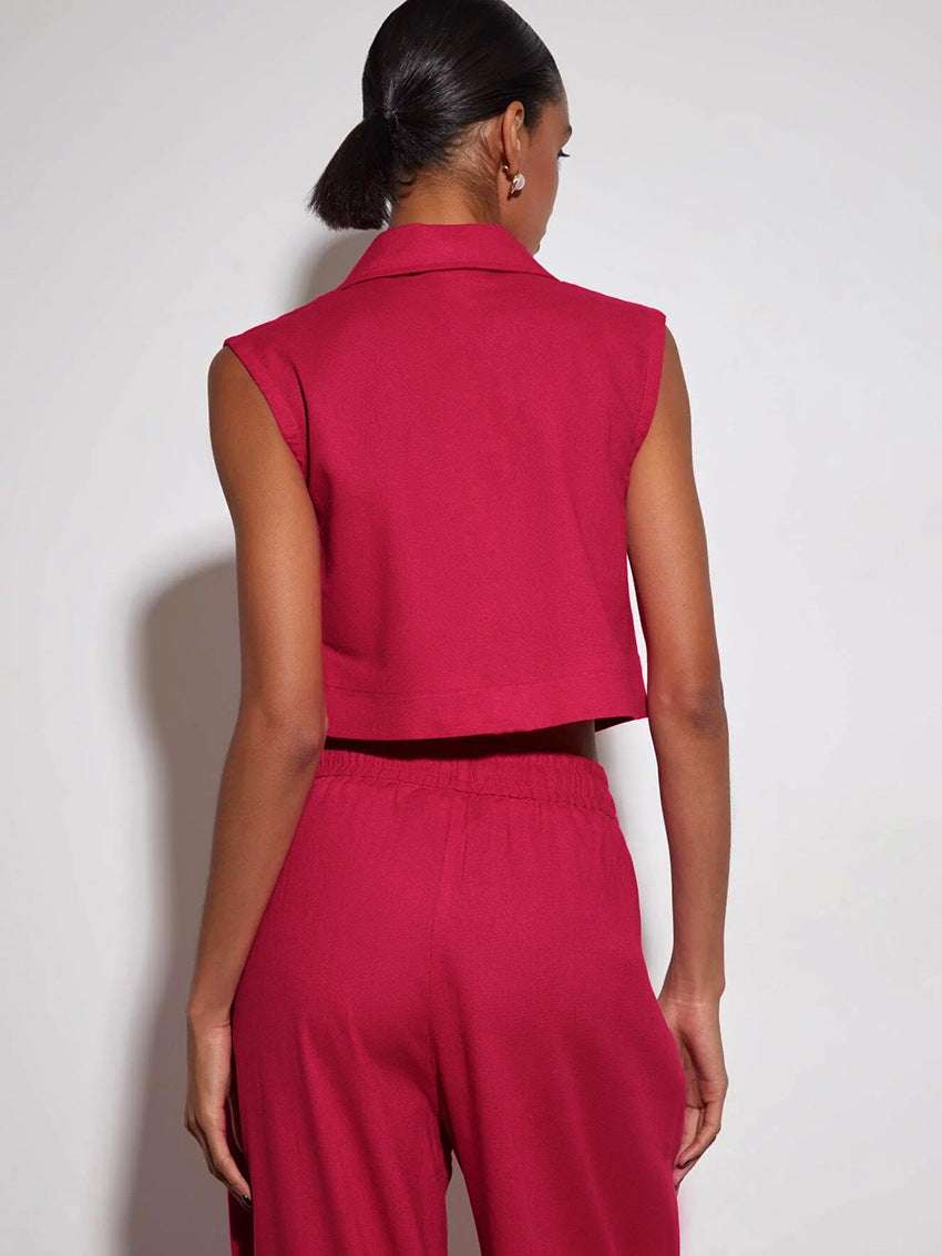 Women's High Waist Wide Leg Pants and Sleeveless Button-Up Vest Outfit Set - ChoreGirl