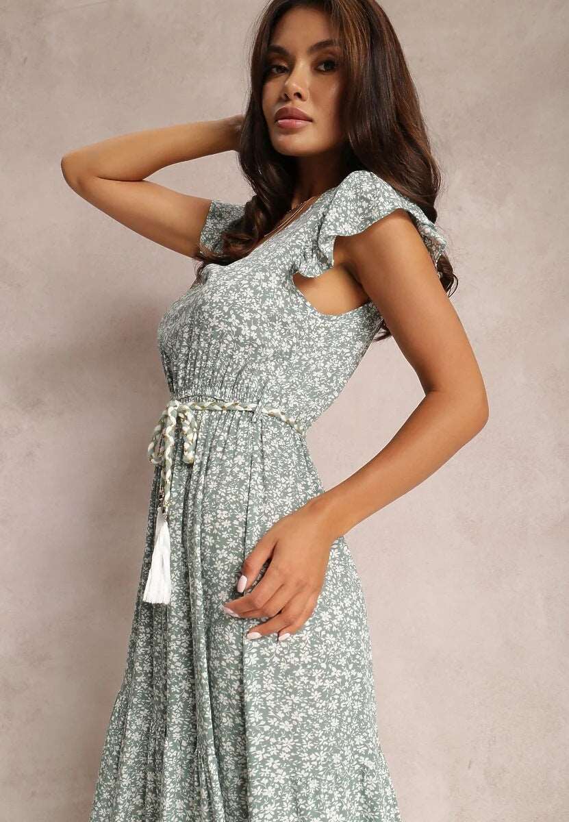 Women's Floral Tied Dress with Rope Style Belt - ChoreGirl