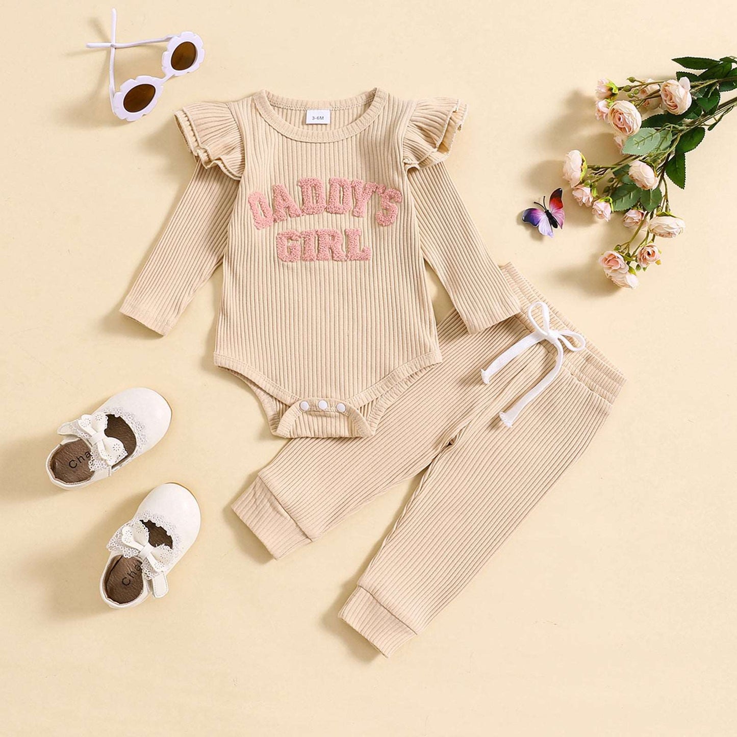 Baby Girl Cute Candy Color Striped and Letter Embroidered Outfit Set - ChoreGirl