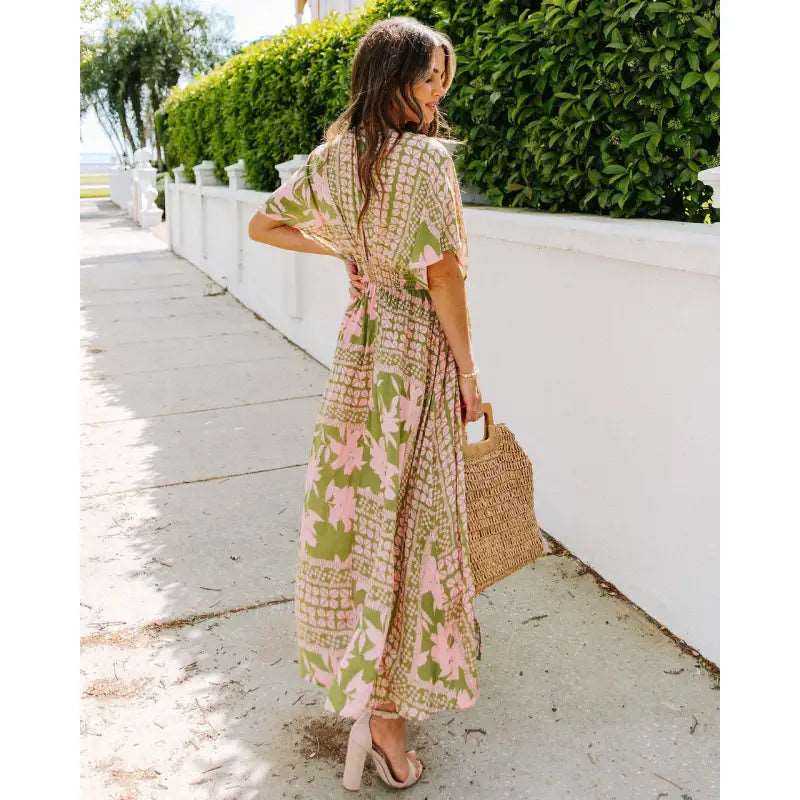 Women's Colorful Print Deep V-neck Split Dress - ChoreGirl