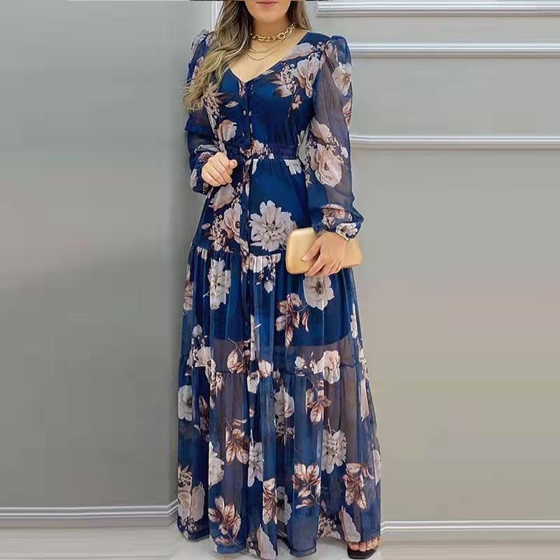 Women's Long Printed V-neck Chiffon Dress - ChoreGirl