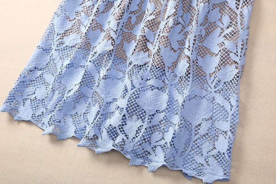 Women's Elegant Vintage Crocheted Round Neck Short Sleeve Dress - ChoreGirl