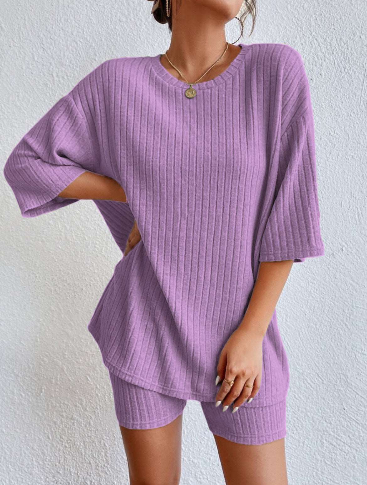 Women's Casual Short Sleeved Solid Color Two-Piece Outfit Set - ChoreGirl