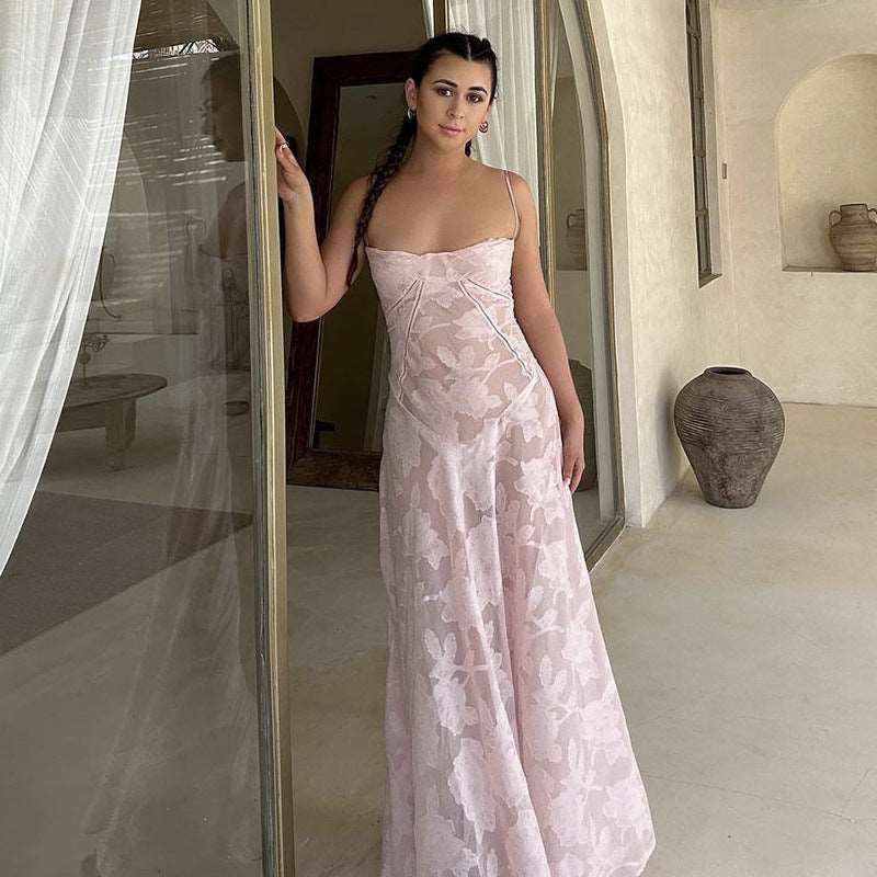 Women's "Dare Yourself" Elegant Embroidered Slim See-through Strap Dress - ChoreGirl