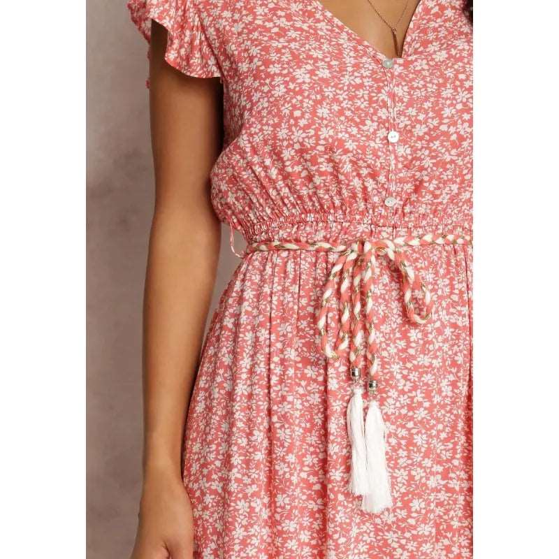 Women's Floral Tied Dress with Rope Style Belt - ChoreGirl