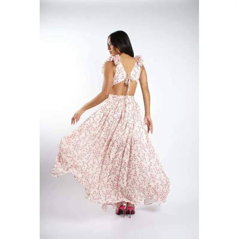 Women's Floral Pattern Ruffled Deep V-Neck Backless Dress - ChoreGirl